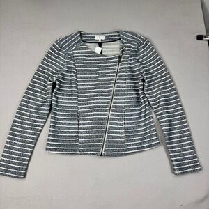 Lou & Grey Womens Navy White Striped Knit Moto Jacket Asymmetrical Zip Large NEW